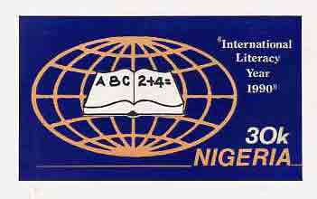 Nigeria 1990 Literacy Year - original hand-painted artwork for 30k value (Open book & globe) by unknown artist on card 9x5 endorsed B2, stamps on education    literature    maps       books