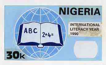 Nigeria 1990 Literacy Year - original hand-painted artwork for 30k value (Open book & globe) by unknown artist on card 9x5 endorsed B4, stamps on education    literature    maps       books