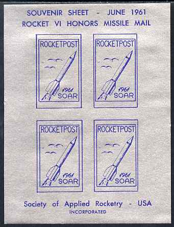 Cinderella - United States 1961 SOAR Rocket Missile Mail sheetlet containing 4 imperf labels, umounted mint, stamps on rockets, stamps on space, stamps on cinderella