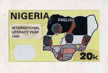 Nigeria 1990 Literacy Year - original hand-painted artwork for 20k value (Teacher at blackboard with two students within Map) by unknown artist on card 9x5 endorsed A4, stamps on , stamps on  stamps on education    literature    maps