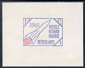 Cinderella - Netherlands 1960 Missile Research Institute imperf sheetlet containing 1 label on gummed paper (gum disturbed), stamps on rockets, stamps on space, stamps on cinderella