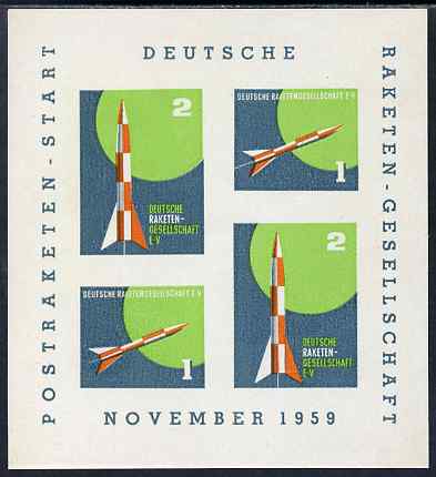 Cinderella - Germany 1959 Rocket Post imperf sheetlet containing 4 labels on gummed paper (gum disturbed), stamps on , stamps on  stamps on rockets, stamps on  stamps on space, stamps on  stamps on cinderella