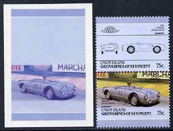 St Vincent - Union Island 1986 Cars #4 (Leaders of the World) 75c (1954 Porsche) die proof in red and blue only (missing Country name, inscription & value) on Cromalin pl..., stamps on cars, stamps on racing cars.porsche