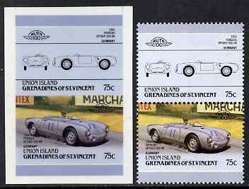 St Vincent - Union Island 1986 Cars #4 (Leaders of the World) 75c (1954 Porsche) die proof in issued colours on Cromalin plastic card (ex archives) plus issued stamp, stamps on cars, stamps on racing cars.porsche