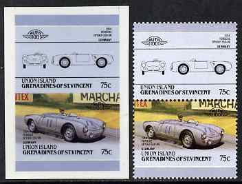 St Vincent - Union Island 1986 Cars #4 (Leaders of the World) 75c (1954 Porsche) die proof in issued colours on Cromalin plastic card (ex archives) plus issued stamp, stamps on , stamps on  stamps on cars, stamps on  stamps on racing cars.porsche