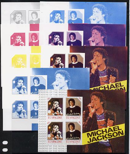 St Vincent 1985 Michael Jackson (Leaders of the World) 90c m/sheet, the set of 8 imperf progressive proofs comprising 4 individual colours plus 2, 3, 4 & all 6-colour com..., stamps on personalities, stamps on music, stamps on pops, stamps on rock