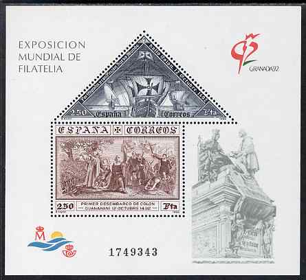 Spain 1992 Grenada '92 Stamp Exhibition perf m/sheet unmounted mint SG MS 3174, stamps on , stamps on  stamps on ships, stamps on  stamps on explorers, stamps on  stamps on columbus, stamps on  stamps on triangulars, stamps on  stamps on stamp exhibitions