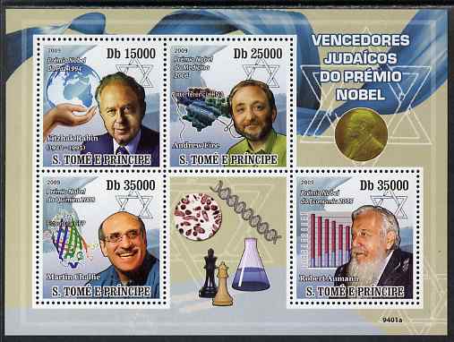 St Thomas & Prince Islands 2009 Jewish Nobel Prize Winners perf sheetlet containing 4 values unmounted mint, stamps on judaica, stamps on judaism, stamps on personalities, stamps on nobel, stamps on medical, stamps on chemistry, stamps on chess