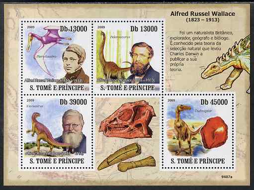 St Thomas & Prince Islands 2009 Dinosaurs & Naturalists perf sheetlet containing 4 values unmounted mint, stamps on , stamps on  stamps on personalites, stamps on  stamps on dinosaurs