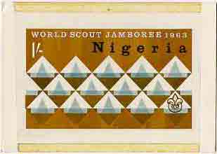 Nigeria 1963 11th World Scout Jamboree - original hand-painted artwork for 1s value by M Goaman on board size 6.5x4, stamps on scouts