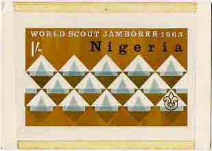 Nigeria 1963 11th World Scout Jamboree - original hand-painted artwork for 1s value by M Goaman on board size 6.5x4, stamps on scouts