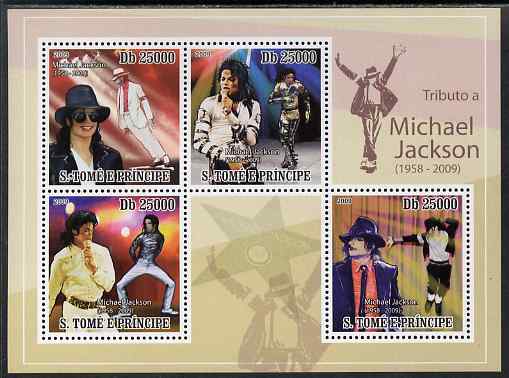 St Thomas & Prince Islands 2009 Michael Jackson perf sheetlet containing 4 values unmounted mint, stamps on , stamps on  stamps on personalities, stamps on  stamps on music, stamps on  stamps on pops, stamps on  stamps on rock, stamps on  stamps on jackson