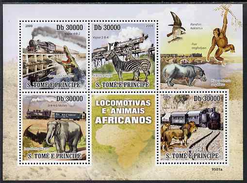 St Thomas & Prince Islands 2009 Trains & Animals of Africa perf sheetlet containing 4 values unmounted mint, stamps on , stamps on  stamps on railways, stamps on  stamps on animals, stamps on  stamps on zebra, stamps on  stamps on elephants, stamps on  stamps on lions, stamps on  stamps on crocodiles