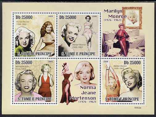 St Thomas & Prince Islands 2009 Marilyn Monroe perf sheetlet containing 4 values unmounted mint, stamps on , stamps on  stamps on personalities, stamps on  stamps on films, stamps on  stamps on cinema, stamps on  stamps on movies, stamps on  stamps on music, stamps on  stamps on marilyn, stamps on  stamps on monroe