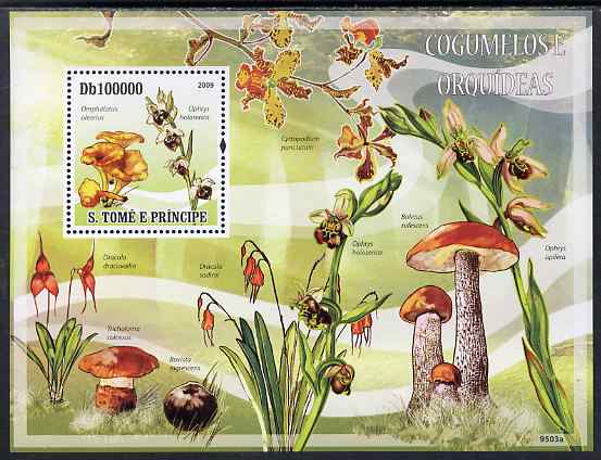 St Thomas & Prince Islands 2009 Mushrooms and Orchids perf s/sheet unmounted mint, stamps on fungi, stamps on orchids, stamps on flowers