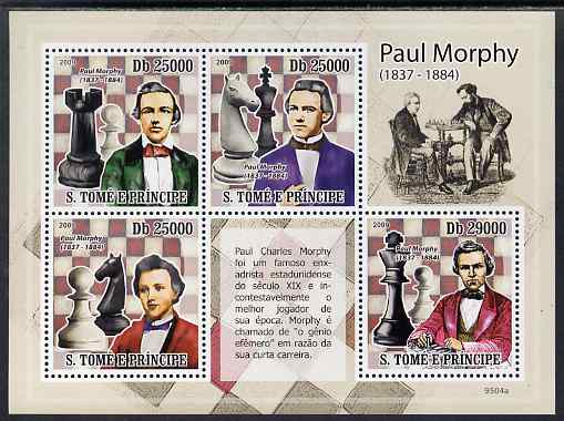 St Thomas & Prince Islands 2009 Chess - Paul Morphy perf sheetlet containing 4 values unmounted mint, stamps on , stamps on  stamps on personalities, stamps on  stamps on chess