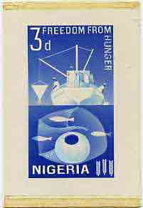 Nigeria 1963 Freedom From Hunger - original hand-painted artwork for 3d value by M Goaman on board size 3.5x6 (unissued design showing fishing), stamps on fishing   ships    food    ffh, stamps on  ffh , stamps on 
