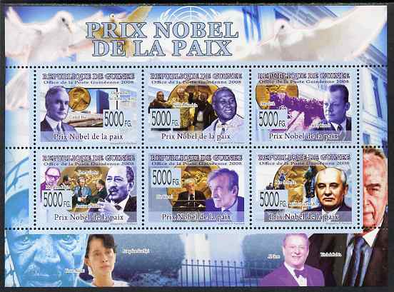 Guinea - Conakry 2009 Nobel Peace Prize perf sheetlet containing 6 values unmounted mint, stamps on personalities, stamps on nobel, stamps on mandela, stamps on usa presidents, stamps on 