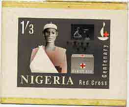 Nigeria 1963 Red Cross Centenary - original hand-painted artwork for 1s3d value (First Aid Box & Patient) by M Goaman on board size 5.25x4, stamps on , stamps on  stamps on medical    red cross