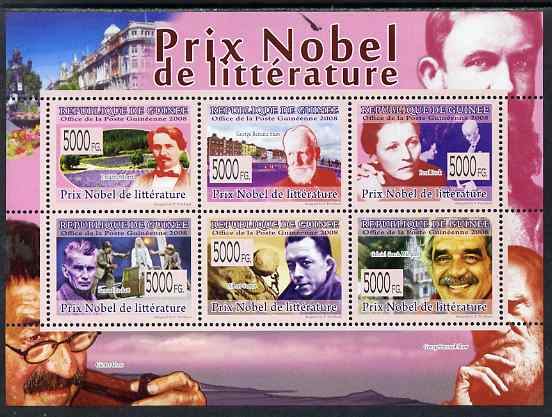 Guinea - Conakry 2009 Nobel Prize for Literature perf sheetlet containing 6 values unmounted mint, stamps on personalities, stamps on nobel, stamps on literature, stamps on shaw, stamps on 