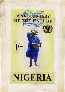 Nigeria 1971 25th Anniversary of UNICEF - original hand-painted artwork for 1s value (Child with food bowl) by Austin Ogo Onwudimegwu on card size 5x8.5, stamps on unicef    united-nations    food    children