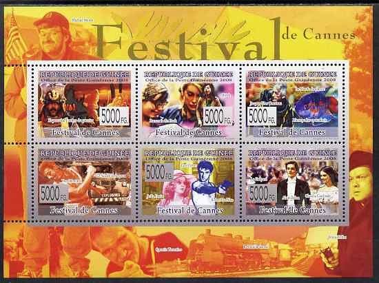 Guinea - Conakry 2009 Cannes Film Festival perf sheetlet containing 6 values unmounted mint, stamps on personalities, stamps on films, stamps on cinema, stamps on movies, stamps on entertainments, stamps on scuba, stamps on railways, stamps on 