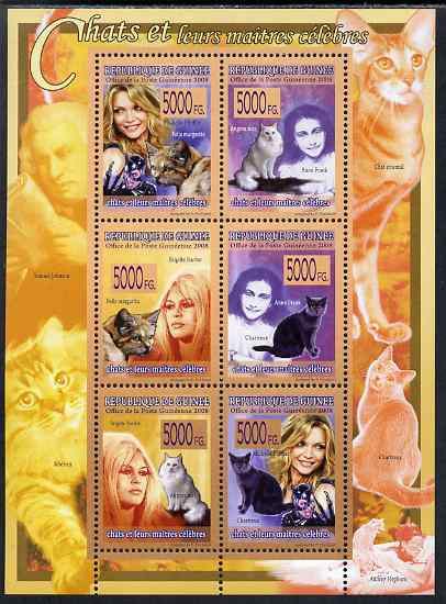 Guinea - Conakry 2009 Cats and their Masters perf sheetlet containing 6 values unmounted mint, stamps on personalities, stamps on cats, stamps on films, stamps on movies, stamps on cinema, stamps on judaica, stamps on judaism, stamps on women