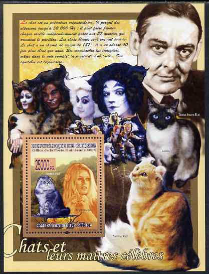 Guinea - Conakry 2009 Cats and their Masters (Brigitte Bardot & Thomas Eliot) perf s/sheet unmounted mint, stamps on , stamps on  stamps on personalities, stamps on  stamps on cats, stamps on  stamps on films, stamps on  stamps on movies, stamps on  stamps on cinema, stamps on  stamps on poetry, stamps on  stamps on women, stamps on  stamps on literature