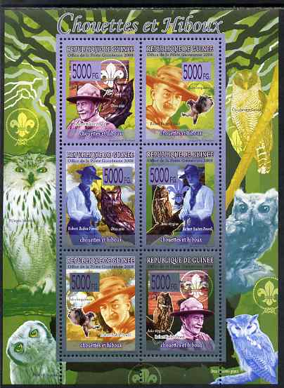 Guinea - Conakry 2009 Owls and Scouts perf sheetlet containing 6 values unmounted mint, stamps on , stamps on  stamps on personalities, stamps on  stamps on scouts, stamps on  stamps on owls