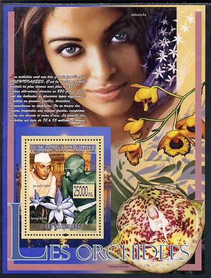 Guinea - Conakry 2009 Mahatma Gandhi and Orchids (plus Nehru) perf s/sheet unmounted mint, stamps on , stamps on  stamps on personalities, stamps on  stamps on gandhi, stamps on  stamps on constitutions, stamps on  stamps on flowers, stamps on  stamps on orchids