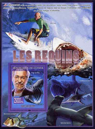 Guinea - Conakry 2009 Sharks (with Steven Spielberg) perf s/sheet unmounted mint, stamps on , stamps on  stamps on personalities, stamps on  stamps on fish, stamps on  stamps on sharks, stamps on  stamps on films, stamps on  stamps on movies, stamps on  stamps on cinema, stamps on  stamps on scuba, stamps on  stamps on surf boarding