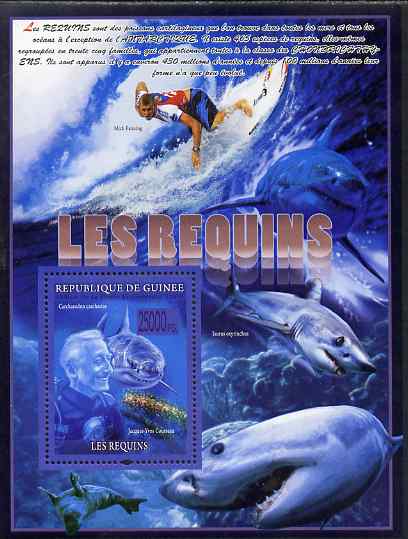 Guinea - Conakry 2009 Sharks (with Jacques Cousteau) perf sheetlet containing 6 values unmounted mint, stamps on , stamps on  stamps on personalities, stamps on  stamps on fish, stamps on  stamps on sharks, stamps on  stamps on films, stamps on  stamps on movies, stamps on  stamps on cinema, stamps on  stamps on scuba, stamps on  stamps on surf boarding