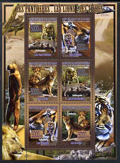 Guinea - Conakry 2009 Big Cats perf sheetlet containing 6 values unmounted mint, stamps on animals, stamps on lions, stamps on cats, stamps on tigers, stamps on panthers