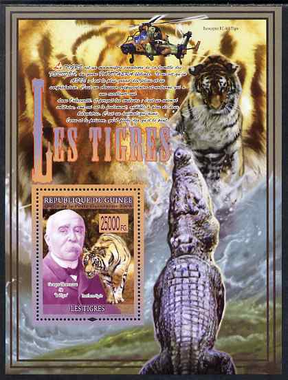Guinea - Conakry 2009 Big Cats (Tigers with Georges Clemenceau) perf s/sheet unmounted mint, stamps on animals, stamps on lions, stamps on cats, stamps on tigers, stamps on helicopters