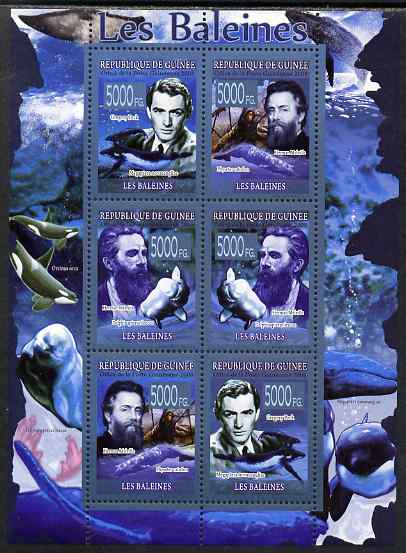 Guinea - Conakry 2009 Whales (with Gregory Peck & Herman Melville) perf sheetlet containing 6 values unmounted mint, stamps on , stamps on  stamps on personalities, stamps on  stamps on films, stamps on  stamps on cinema, stamps on  stamps on movies, stamps on  stamps on literature, stamps on  stamps on poetry, stamps on  stamps on whales