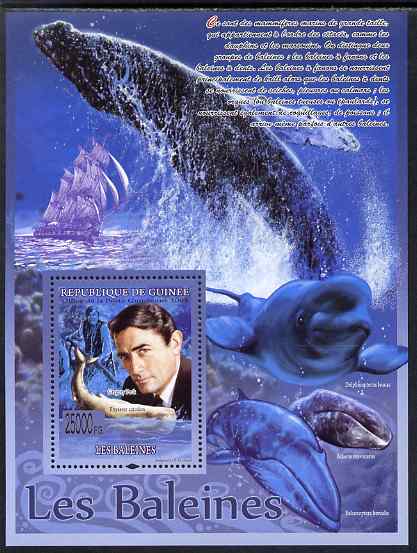 Guinea - Conakry 2009 Whales (with Gregory Peck) perf s/sheet unmounted mint, stamps on personalities, stamps on films, stamps on cinema, stamps on movies, stamps on ships, stamps on whales