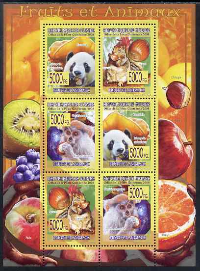 Guinea - Conakry 2009 Animals and Fruits perf sheetlet containing 6 values unmounted mint, stamps on , stamps on  stamps on animals, stamps on  stamps on bears, stamps on  stamps on pandas, stamps on  stamps on apes, stamps on  stamps on nuts, stamps on  stamps on food, stamps on  stamps on fruit, stamps on  stamps on 