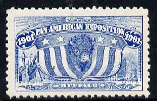 Cinderella - United States 1901 Pan American Exposition perforated label by R H Stamp Co in blue showing Buffalo, Flag, Lighthouse & Ship, fine with full gum, stamps on animals, stamps on flags, stamps on lighthouses, stamps on ships, stamps on cinderella, stamps on exhibitions, stamps on rescue, stamps on bovine, stamps on 