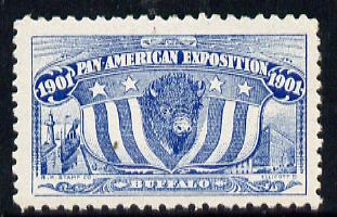 Cinderella - United States 1901 Pan American Exposition perforated label by R H Stamp Co in blue showing Buffalo, Flag, Lighthouse & Ship, fine with full gum, stamps on , stamps on  stamps on animals, stamps on  stamps on flags, stamps on  stamps on lighthouses, stamps on  stamps on ships, stamps on  stamps on cinderella, stamps on  stamps on exhibitions, stamps on  stamps on rescue, stamps on  stamps on bovine, stamps on  stamps on 