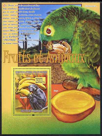 Guinea - Conakry 2009 Animals and Fruits #1 perf s/sheet unmounted mint, stamps on animals, stamps on apes, stamps on bananas, stamps on parrots, stamps on food, stamps on fruit, stamps on 
