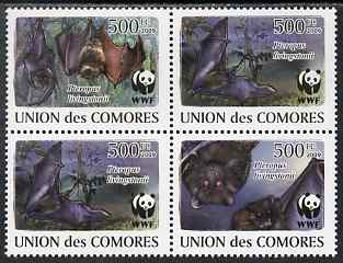 Comoro Islands 2009 WWF - Bats perf set of 4 in se-tenant block unmounted mint, stamps on animals, stamps on  wwf , stamps on mammals, stamps on bats