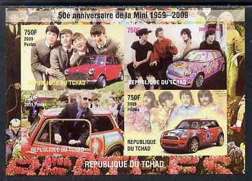 Chad 2009 50th Anniversary of the Mini featuring The Beatles, imperf sheetlet containing 4 values unmounted mint. Note this item is privately produced and is offered pure..., stamps on cars, stamps on mini, stamps on beatles, stamps on pops, stamps on rock, stamps on music