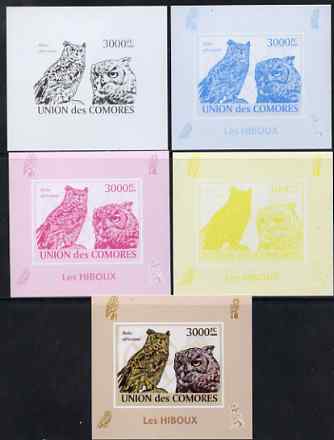 Comoro Islands 2009 Owls s/sheet - the set of 5 imperf progressive proofs comprising the 4 individual colours plus all 4-colour composite, unmounted mint , stamps on , stamps on  stamps on birds, stamps on  stamps on birds of prey, stamps on  stamps on owls