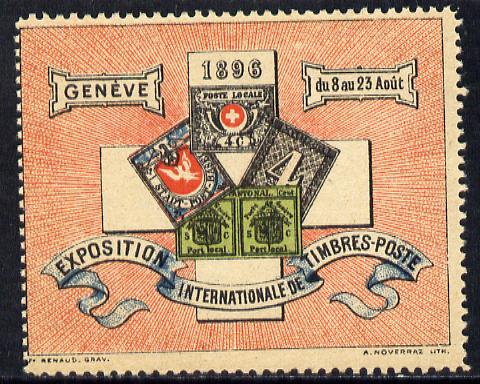 Switzerland 1896 Geneva Philatelic Exhibition perforated label showing early Swiss classic stamps, on gummed paper, stamps on stamp on stamp, stamps on cinderella, stamps on stamp exhibitions, stamps on stamponstamp
