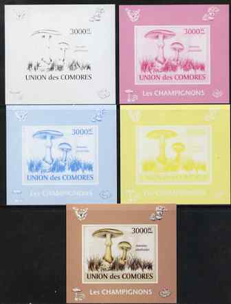 Comoro Islands 2009 Mushrooms s/sheet - the set of 5 imperf progressive proofs comprising the 4 individual colours plus all 4-colour composite, unmounted mint , stamps on fungi