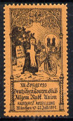 Germany 1897 Munich Cycling Exhibition label showing youth with bicycle, perforated on gummed paper, stamps on , stamps on  stamps on bicycles      cinderella