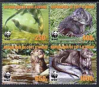 Ivory Coast 2005 WWF - Otters perf set of 4 in se-tenant block unmounted mint. Note this item is privately produced and is offered purely on its thematic appeal, stamps on wwf , stamps on animals, stamps on otters