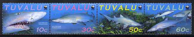 Tuvalu 2000 WWF - Sand Tiger Shark perf strip of 4 unmounted mint SG 872-5, stamps on animals, stamps on  wwf , stamps on fish, stamps on sharks
