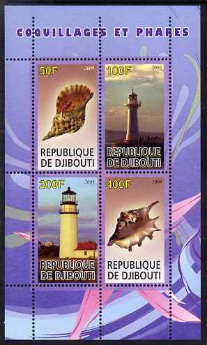 Djibouti 2009 Lighthouses and Shells #1 perf sheetlet containing 4 values unmounted mint, stamps on , stamps on  stamps on lighthouses, stamps on  stamps on shells, stamps on  stamps on marine life