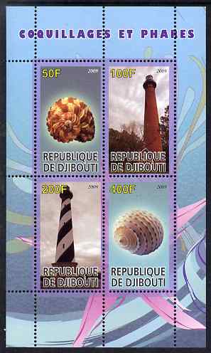 Djibouti 2009 Lighthouses and Shells #2 perf sheetlet containing 4 values unmounted mint, stamps on , stamps on  stamps on lighthouses, stamps on  stamps on shells, stamps on  stamps on marine life